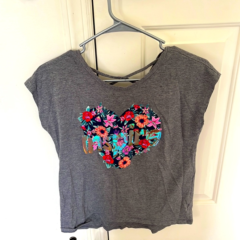 Grey Graphic Tee Shirt With A Floral Heart